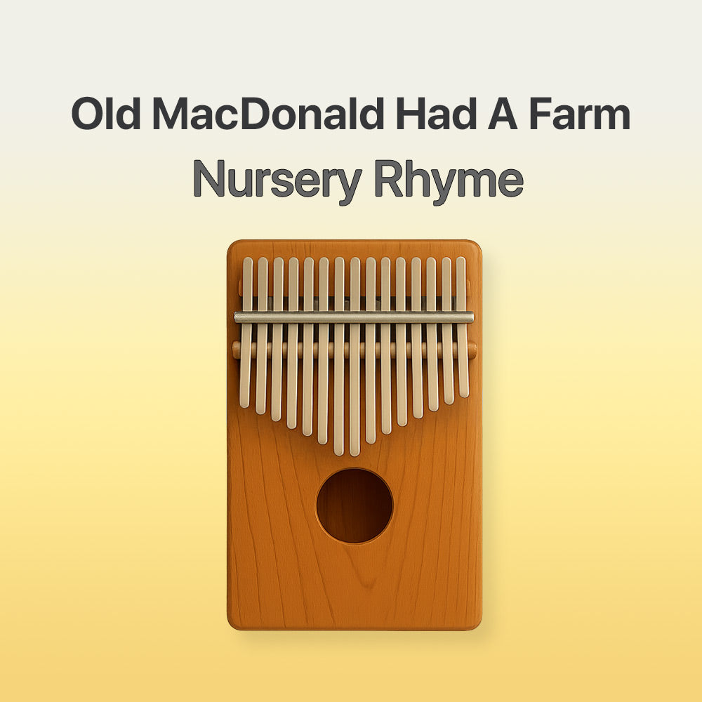 Wooden kalimba with text 'Old MacDonald Had A Farm Nursery Rhyme' on a yellow background
