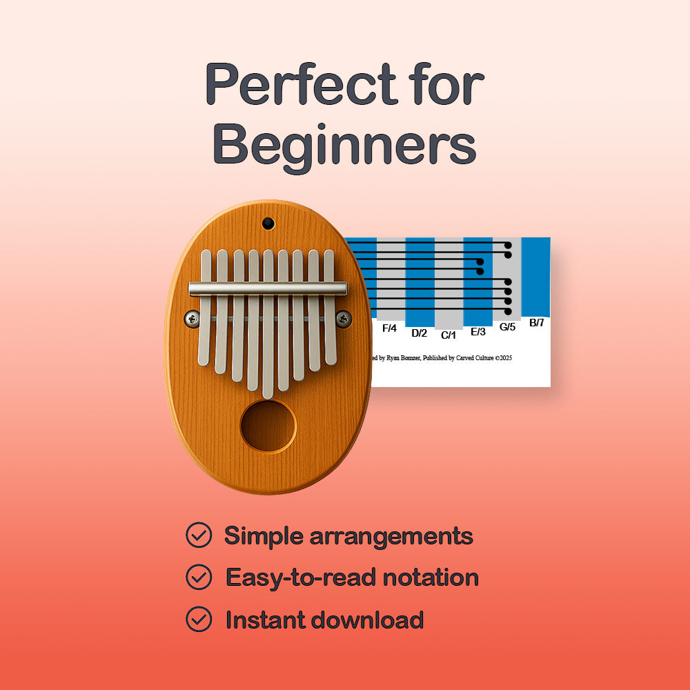 Wooden kalimba with music notation on a gradient background