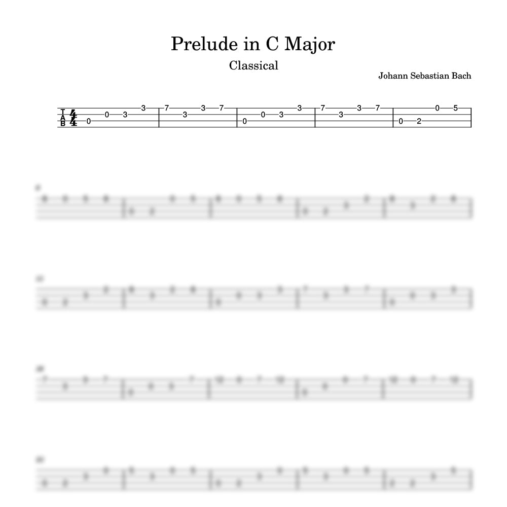 Sheet music for 'Prelude in C Major' by Johann Sebastian Bach with tablature and notes.