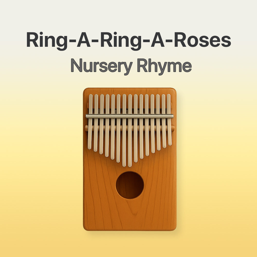 Wooden kalimba with text 'Ring-A-Ring-A-Roses Nursery Rhyme' on a yellow background