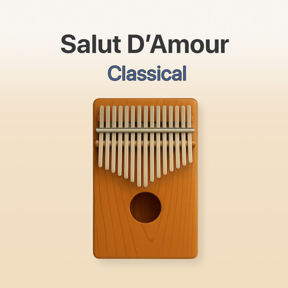 Wooden kalimba with metal tines on a beige background, featuring 'Salut D'Amour Classical' text.