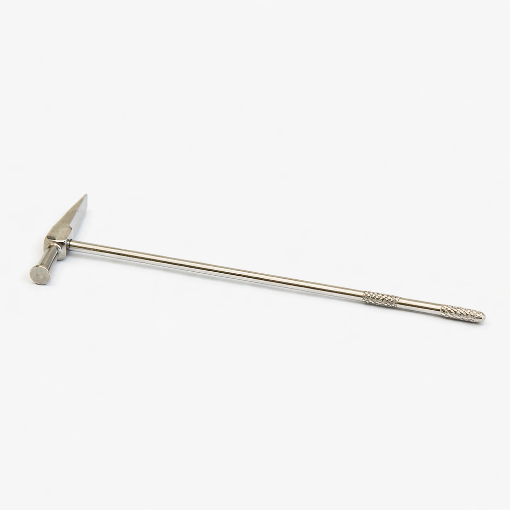 Stainless steel metal tuning hammer tool with a pointed head and long handle on a white background