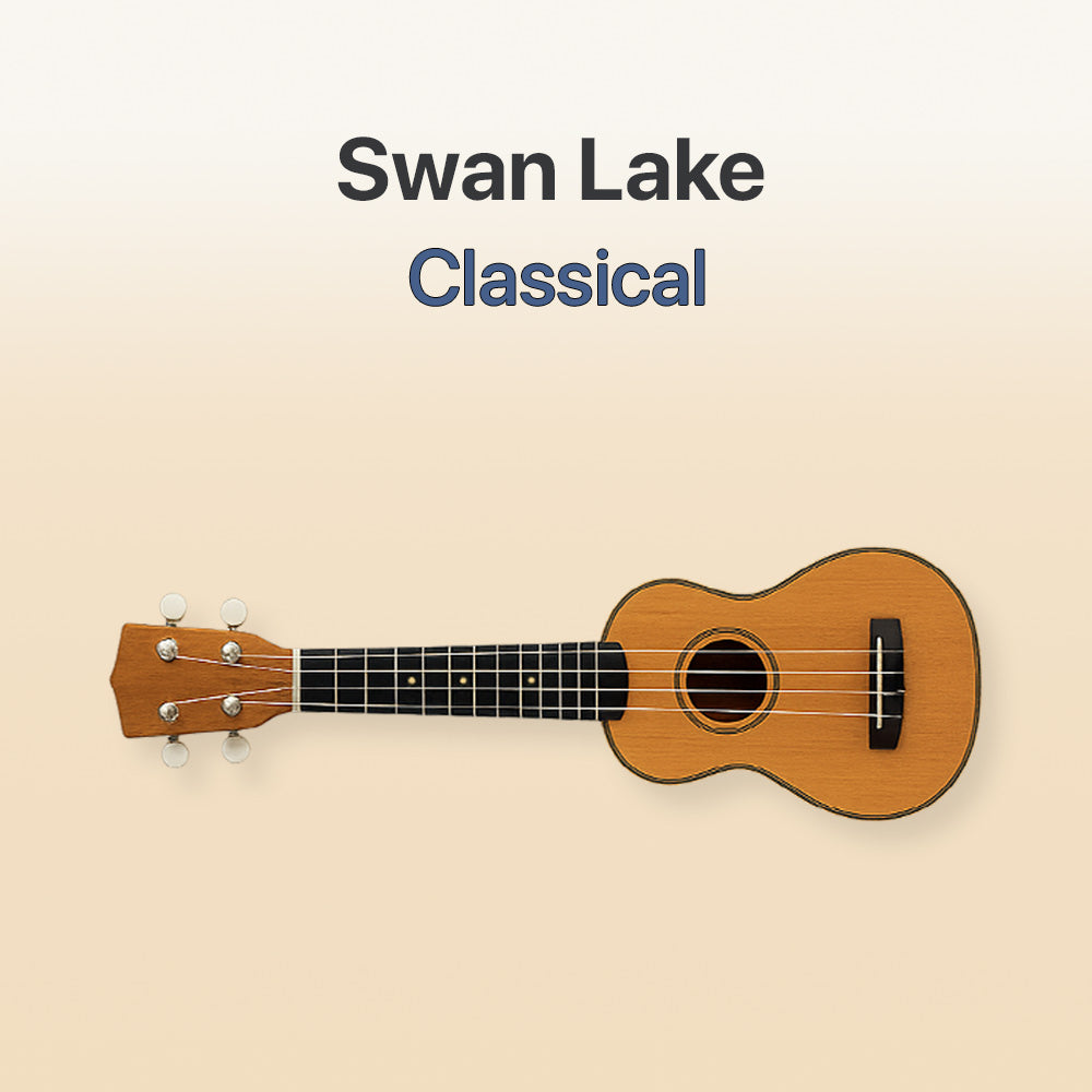 Wooden ukulele on a beige background with 'Swan Lake Classical' text.