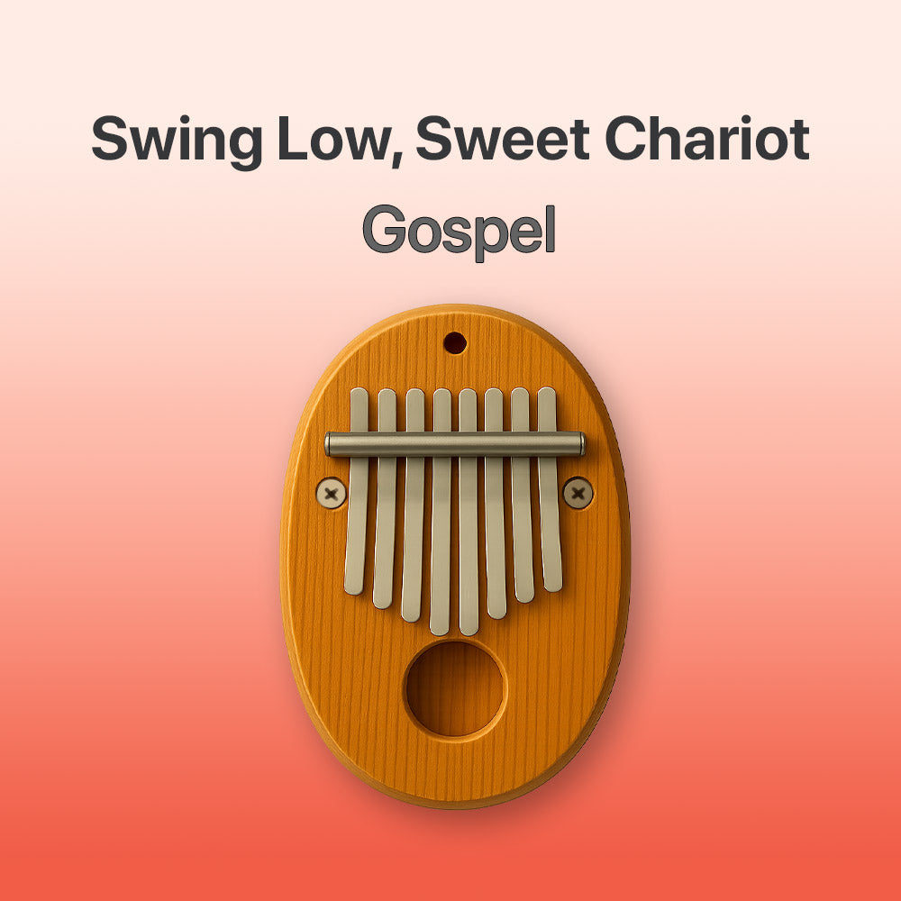 Wooden kalimba on a gradient background with text 'Swing Low, Sweet Chariot Gospel'.