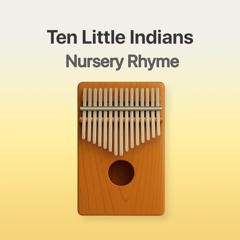 Wooden kalimba with text 'Ten Little Indians Nursery Rhyme' on a yellow background