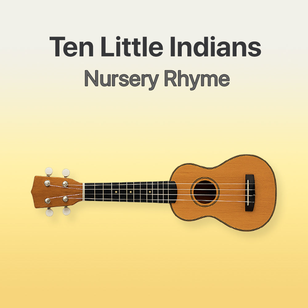 Ukulele on a yellow background with text 'Ten Little Indians Nursery Rhyme'.