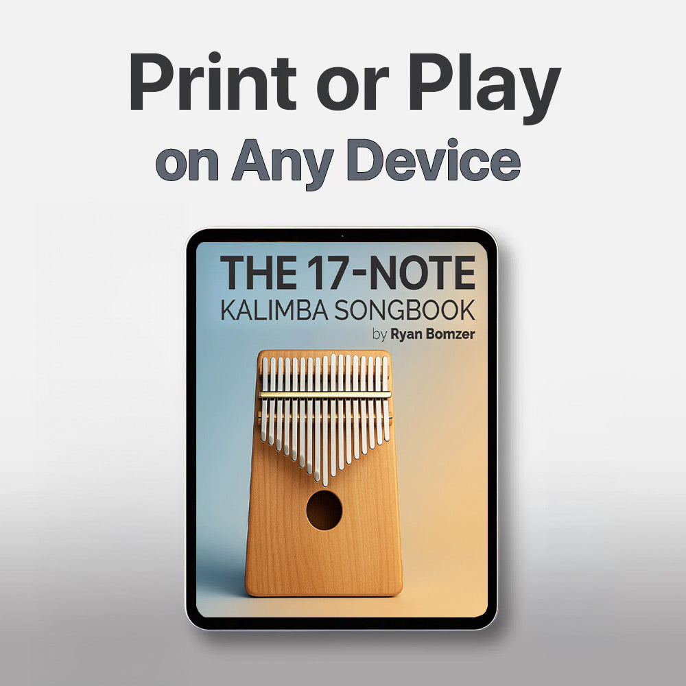 Digital book cover of 'The 17-Note Kalimba Songbook' by Ryan Bomzer on a tablet screen with a gray background.