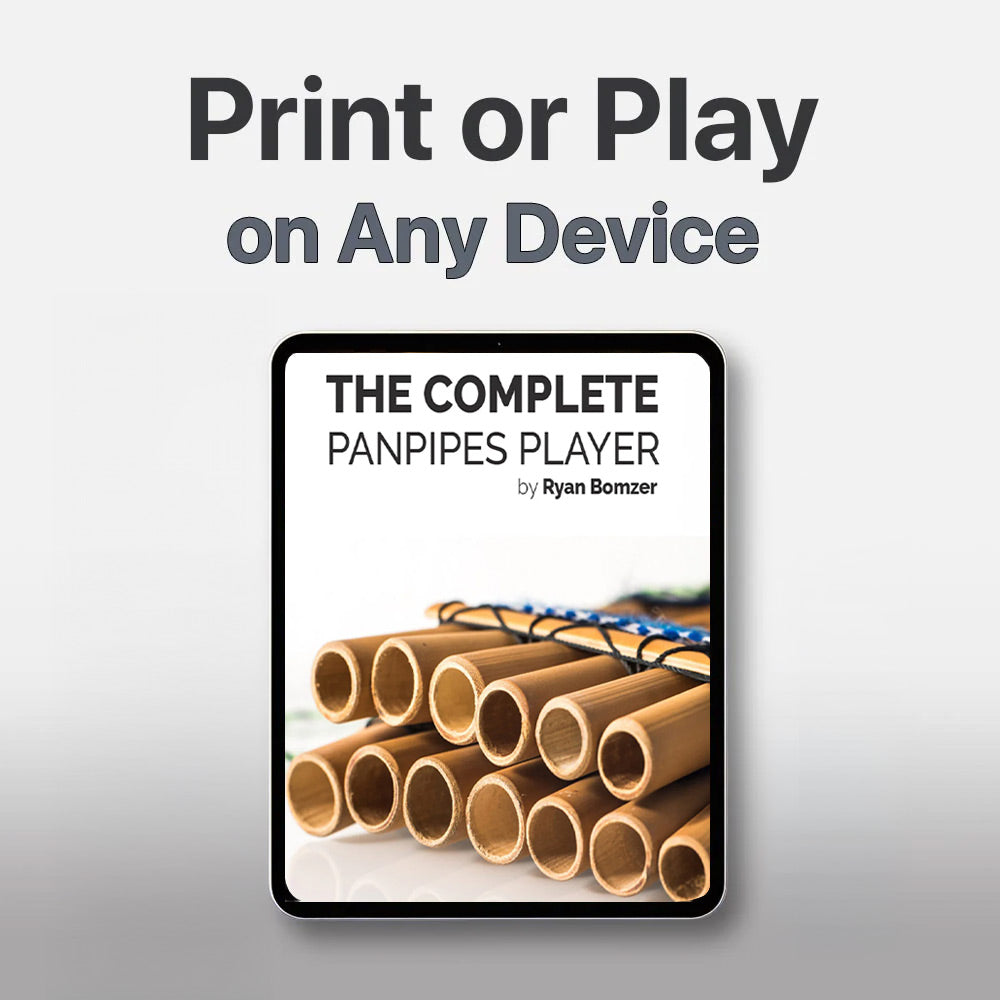 Digital book cover of 'The Complete Panpipes Player' by Ryan Bomzer with panpipes on a tablet.