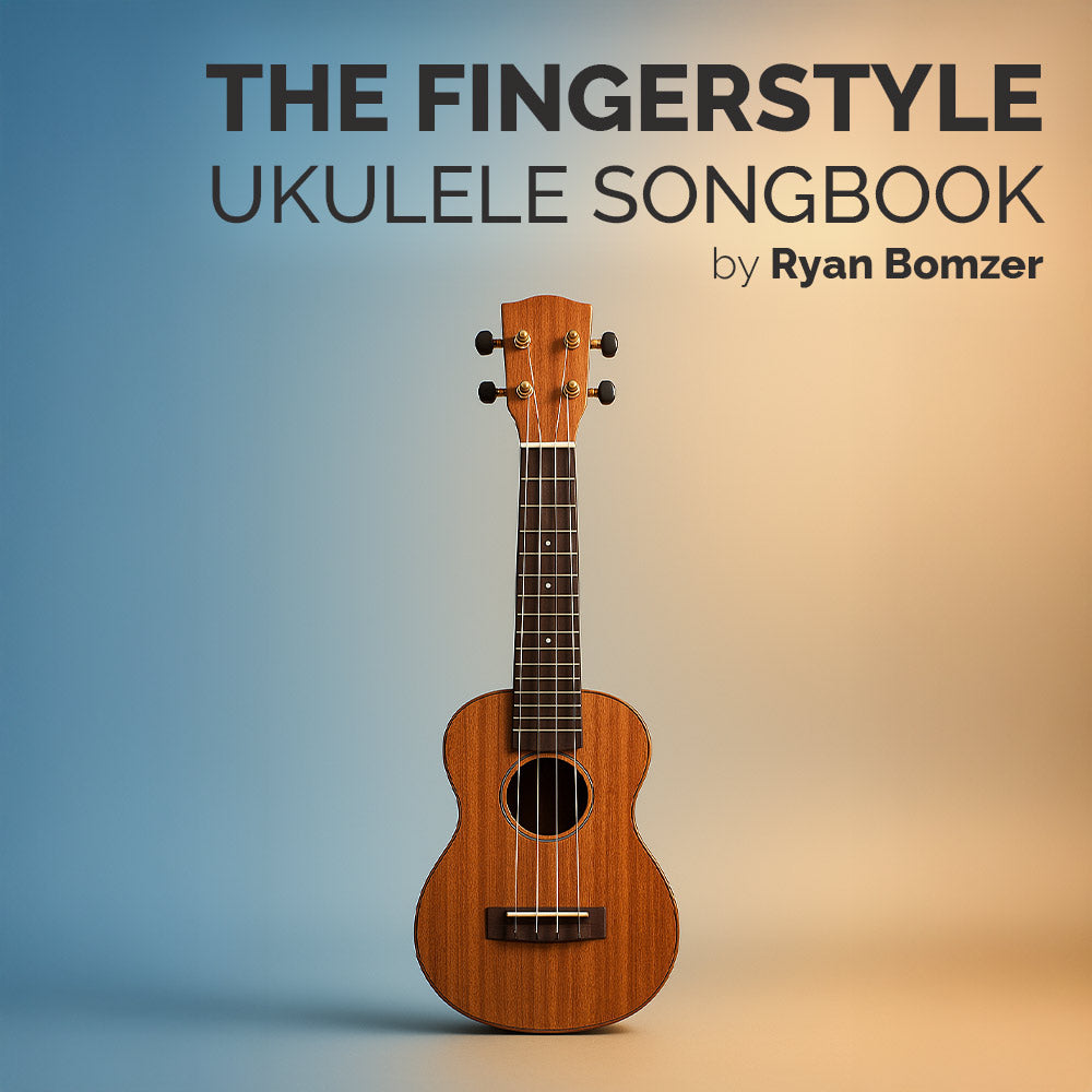 The fingerstyle ukulele songbook cover by Ryan Bomzer featuring a wooden instrument