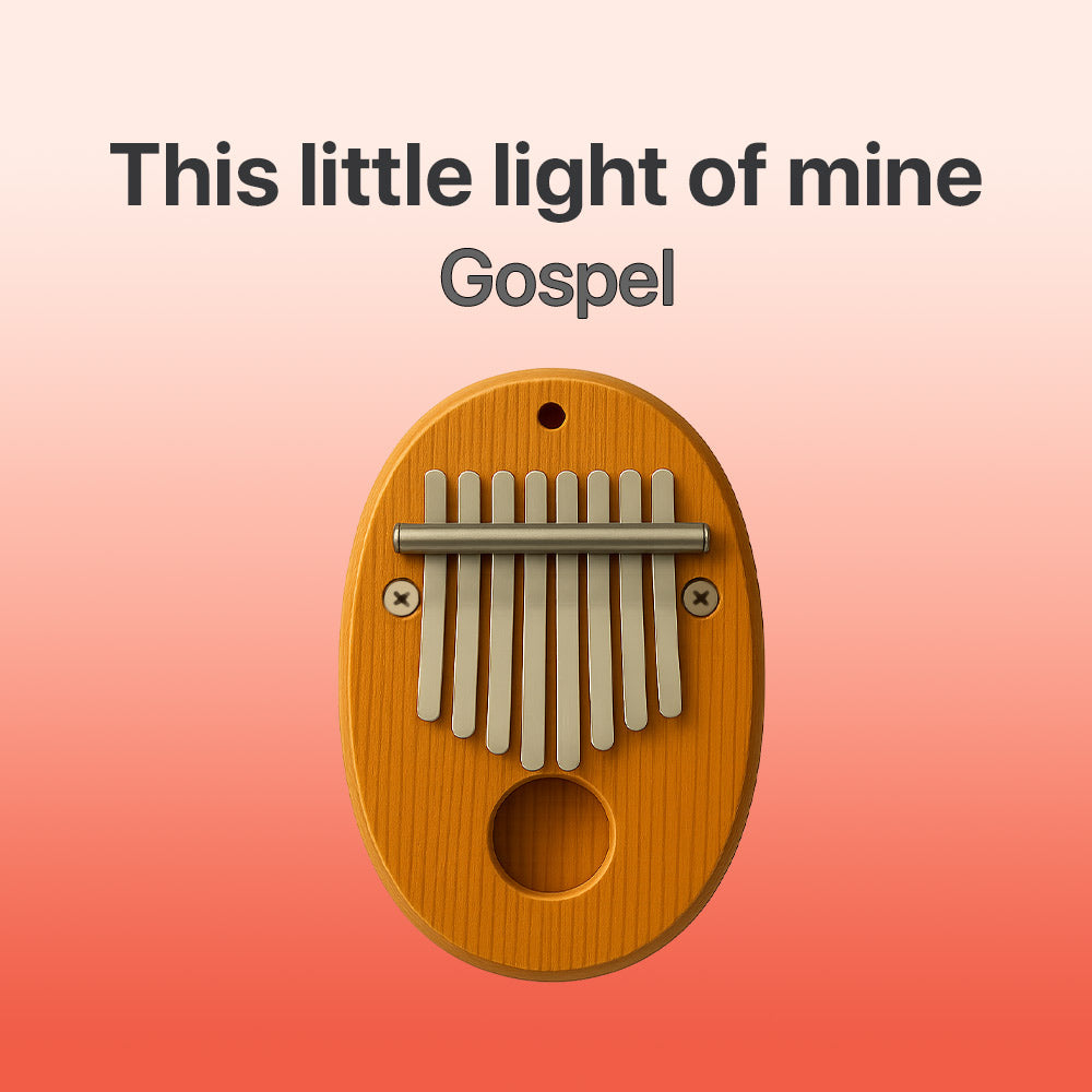 Wooden kalimba on a gradient background with text 'This little light of mine Gospel'.