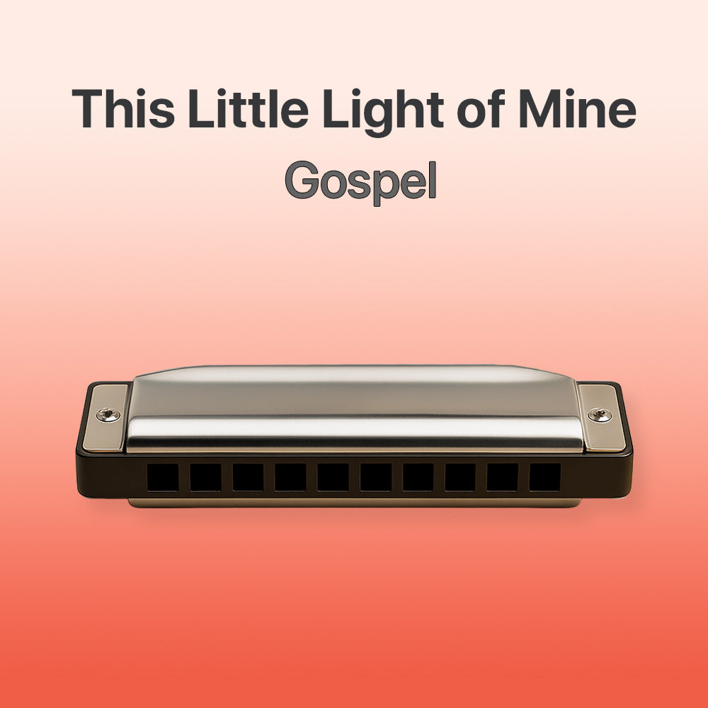 Harmonica on a gradient background with text 'This Little Light of Mine Gospel'