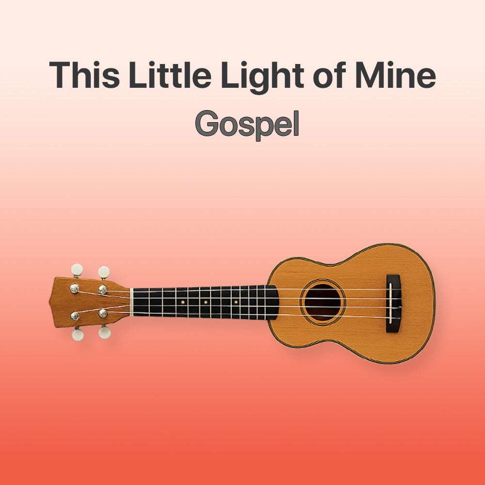 Wooden ukulele on a gradient background with text 'This Little Light of Mine Gospel'.
