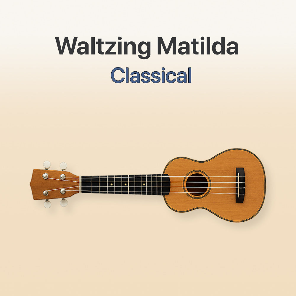 Wooden ukulele on a beige background with 'Waltzing Matilda Classical' text.