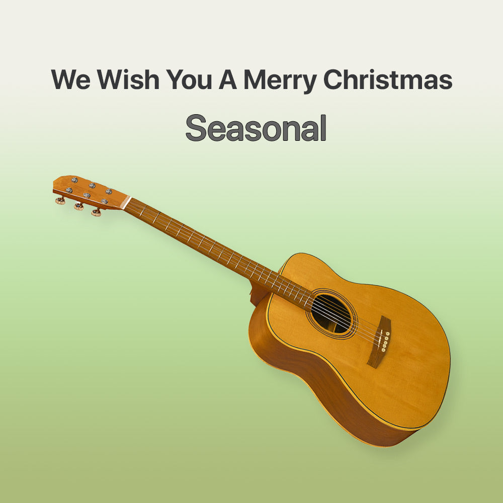 Acoustic guitar on a light green background with text 'We Wish You A Merry Christmas Seasonal'.