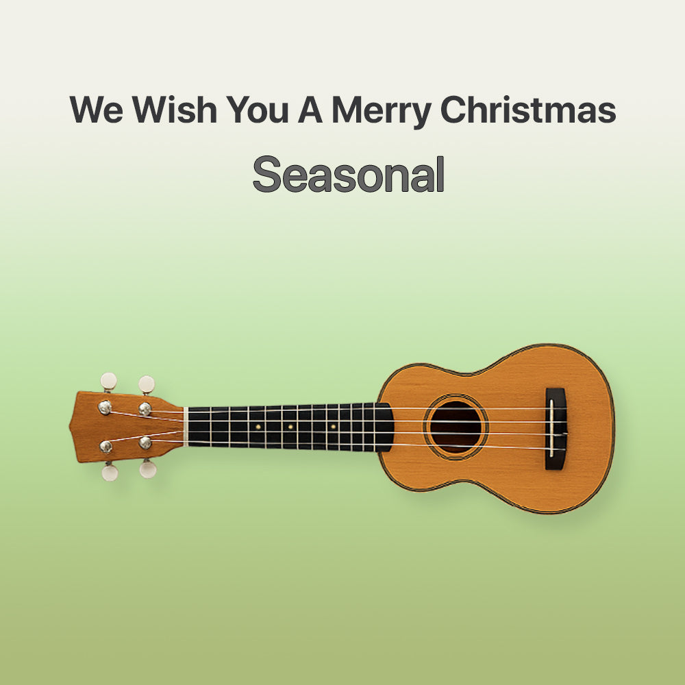 Small wooden guitar on a light green background with text 'We Wish You A Merry Christmas Seasonal'.