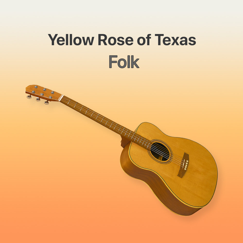 Acoustic guitar with 'Yellow Rose of Texas Folk' text on a gradient background