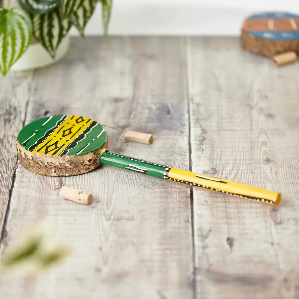 African Nakuru monkey drum with hand painted green and yellow design