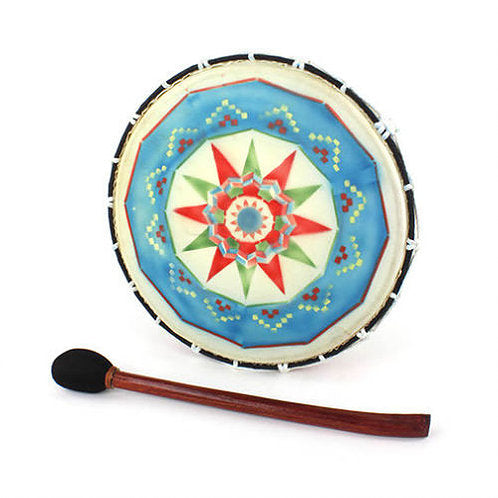 Round painted shamanic drum with solid wood beater
