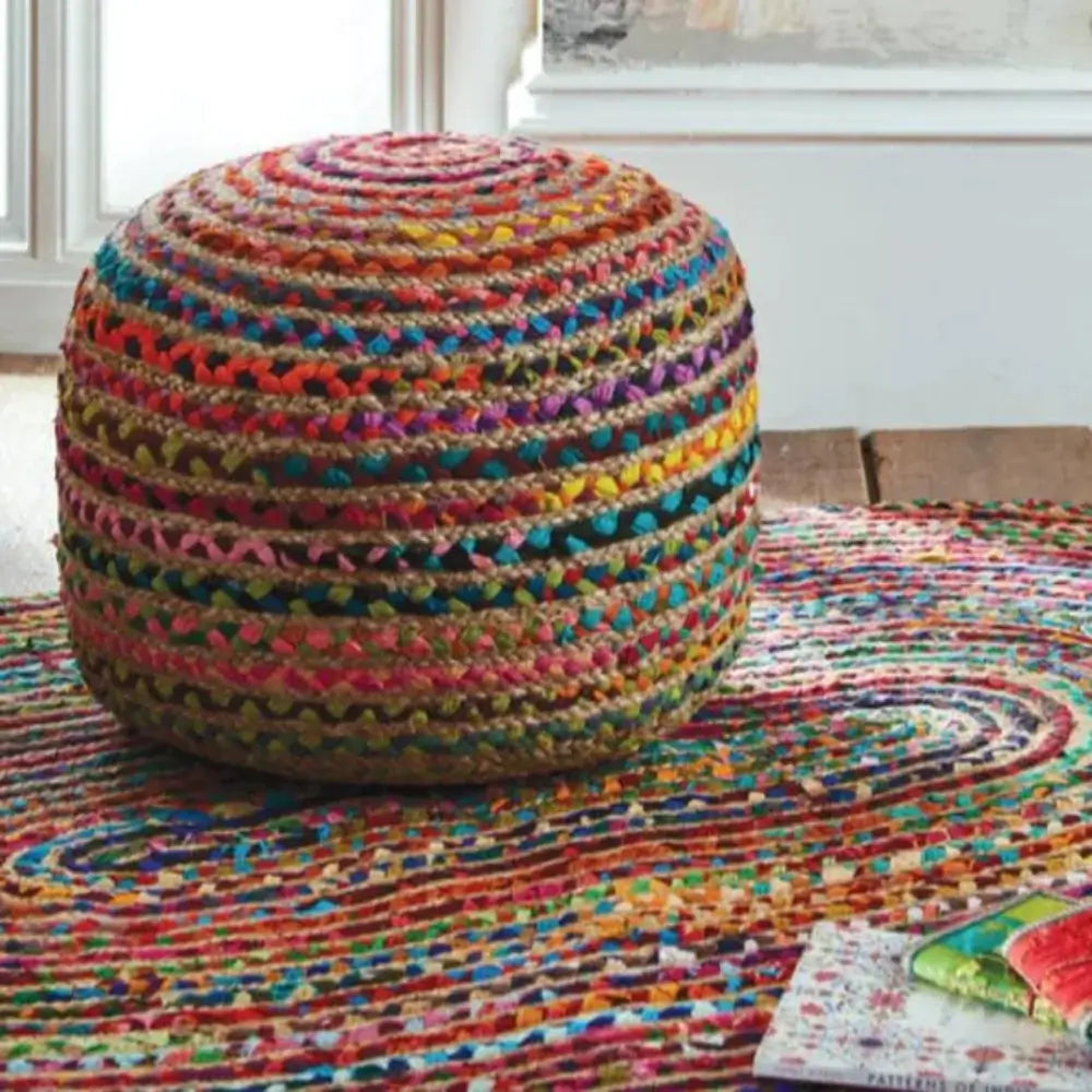 multicoloured chindi pouffee seat