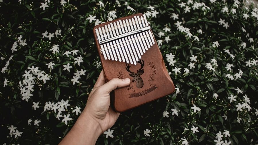 Holding up a wooden kalimba with flowers in the background