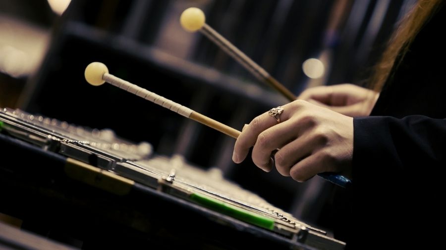 Close-up of a girl’s hands playing a glockenspiel, with dark-colored bars.