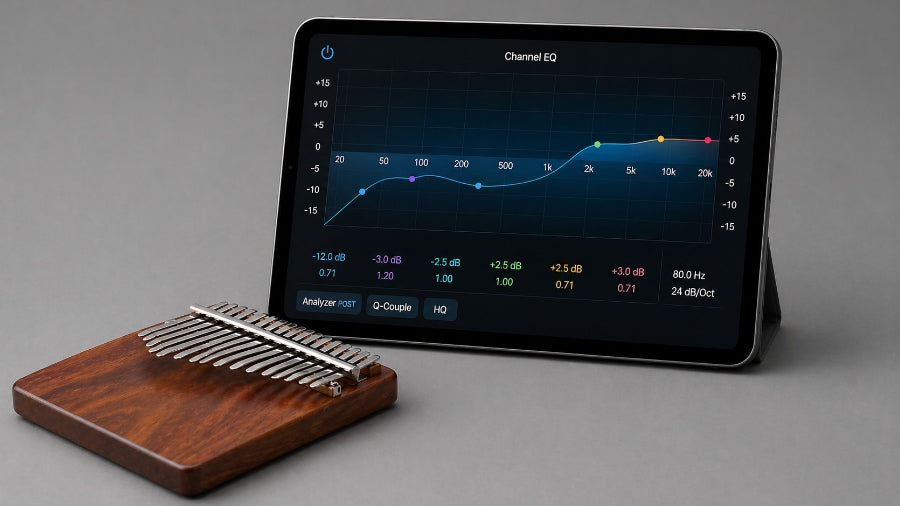 Traditional wooden board kalimba next to ipad displaying channel EQ on a light grey studio background
