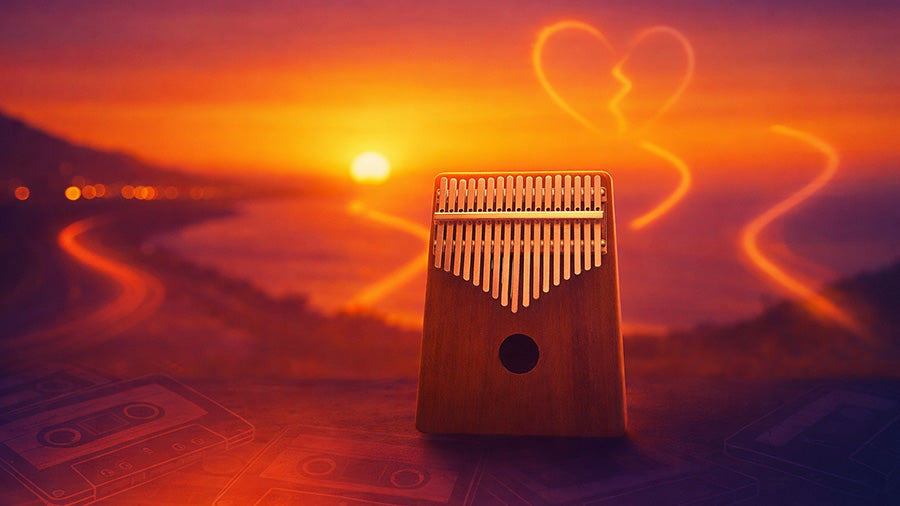 Wooden kalimba at sunset on a coastal road with a glowing heart-shaped light trail in the sky, symbolising emotional pop music and kalimba song tabs inspired by Olivia Rodrigo.