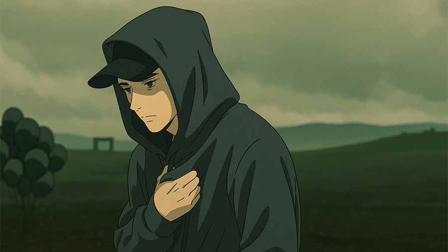 nime-style man in a dark hoodie stands alone in a dull landscape under cloudy skies.