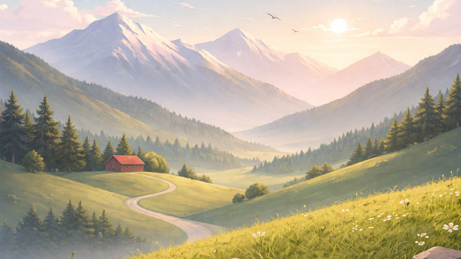 Sunlit mountain valley with winding path, red cabin and soft alpine hills, used as a calm background for a kalimba song tutorial.