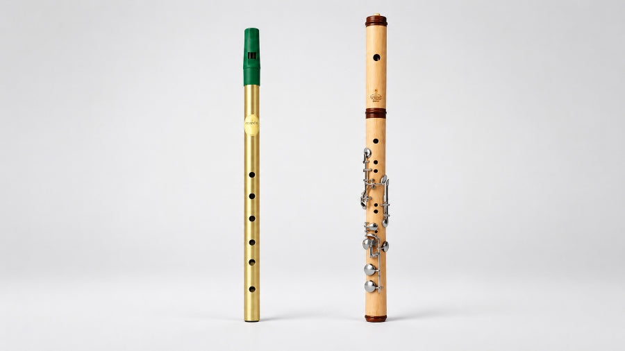 Brass tin whistle and wooden Irish flute displayed side by side on a clean white studio background, comparing traditional Irish woodwind instruments with a minimalist, modern aesthetic.