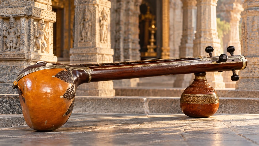 Traditional veena string instrument in a South Indian temple