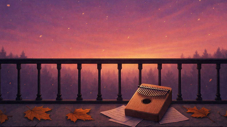 A wooden kalimba resting on handwritten music sheets on a stone balcony at sunset, with autumn leaves drifting through a purple and orange sky above misty pine trees.