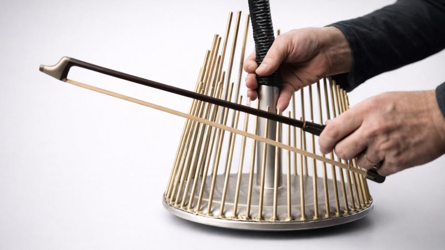 Close-up of hands playing a waterphone with a bow on a clean grey studio background