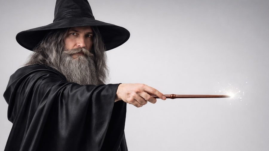 Wizard holding a wand on a silver grey background in a clean studio style, representing a harmonica tab for the song Wizard