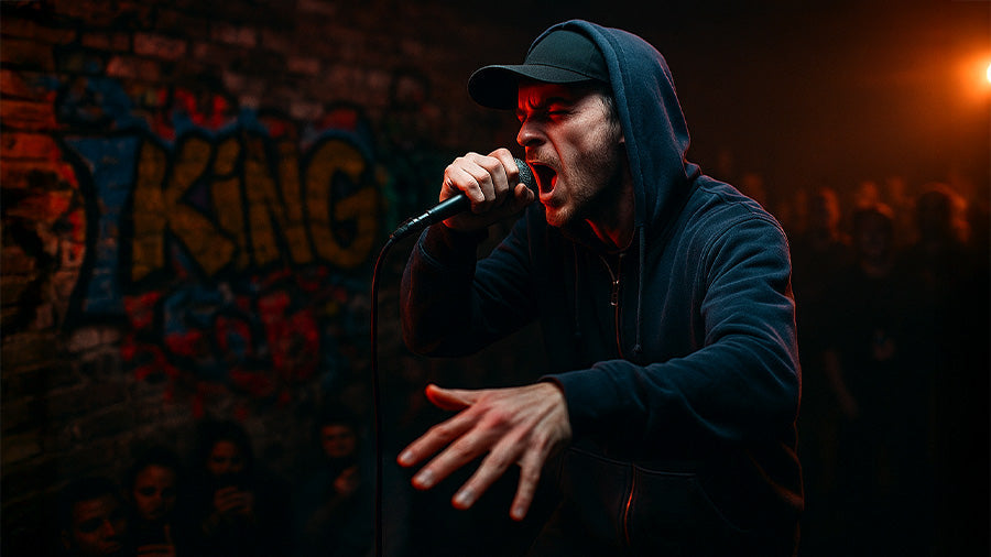 A young male rapper in a hoodie and cap performs passionately into a microphone in front of graffiti