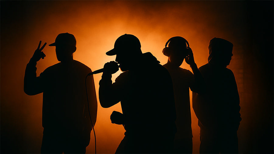 our silhouetted rappers stand on stage under dramatic orange backlighting, striking poses with one holding a microphone, another flashing a hand gesture, one adjusting headphones, and one in a hood, creating mystery about their identities.