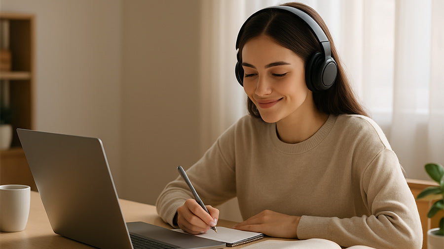 A young woman wearing headphones sits at a minimalist desk with a laptop, notebook, and open book, smiling softly as she studies in a bright, calm room with natural light.