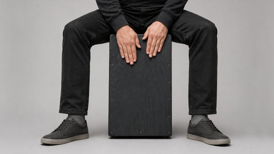 Man sitting on a cajon drum with light grey studio background