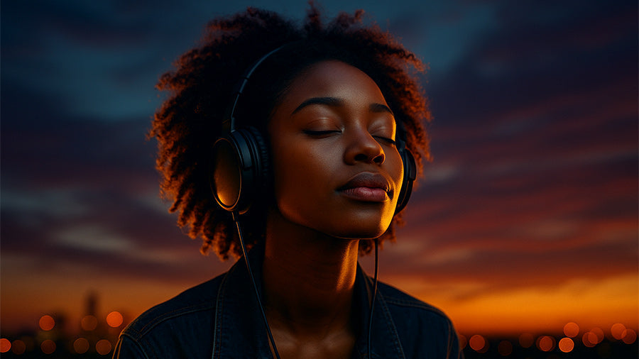 A young African American woman with eyes closed listening to music on headphones at sunset, city lights glowing in the background, capturing a sense of inspiration and reflection.