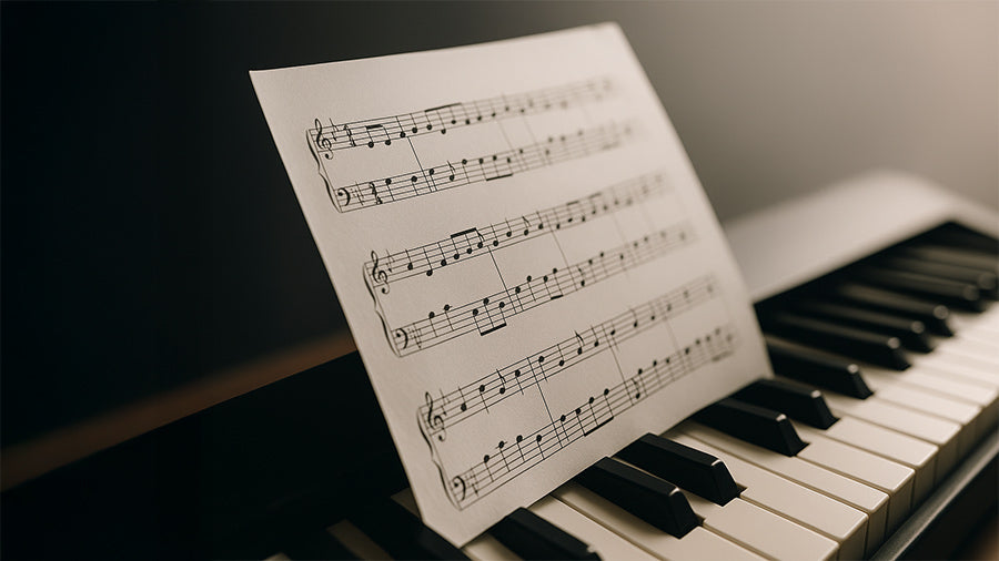 Minimalist photo of a piano keyboard with open sheet music resting on top, softly lit by natural light from a nearby window. 