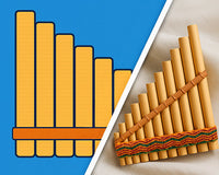 A split-image showing a virtual cartoon-style panpipe on a blue background transitioning into a real bamboo panpipe resting on soft beige fabric, highlighting the difference between digital and physical instruments.