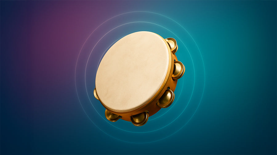 A tambourine with a cream-colored drumhead and golden jingles floats against a vibrant gradient background, with glowing concentric sound rings radiating outward to symbolize tambourine sample packs.