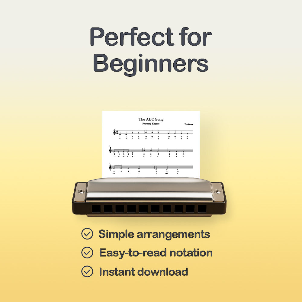 Harmonica with sheet music on a yellow background, labeled 'Perfect for Beginners'.