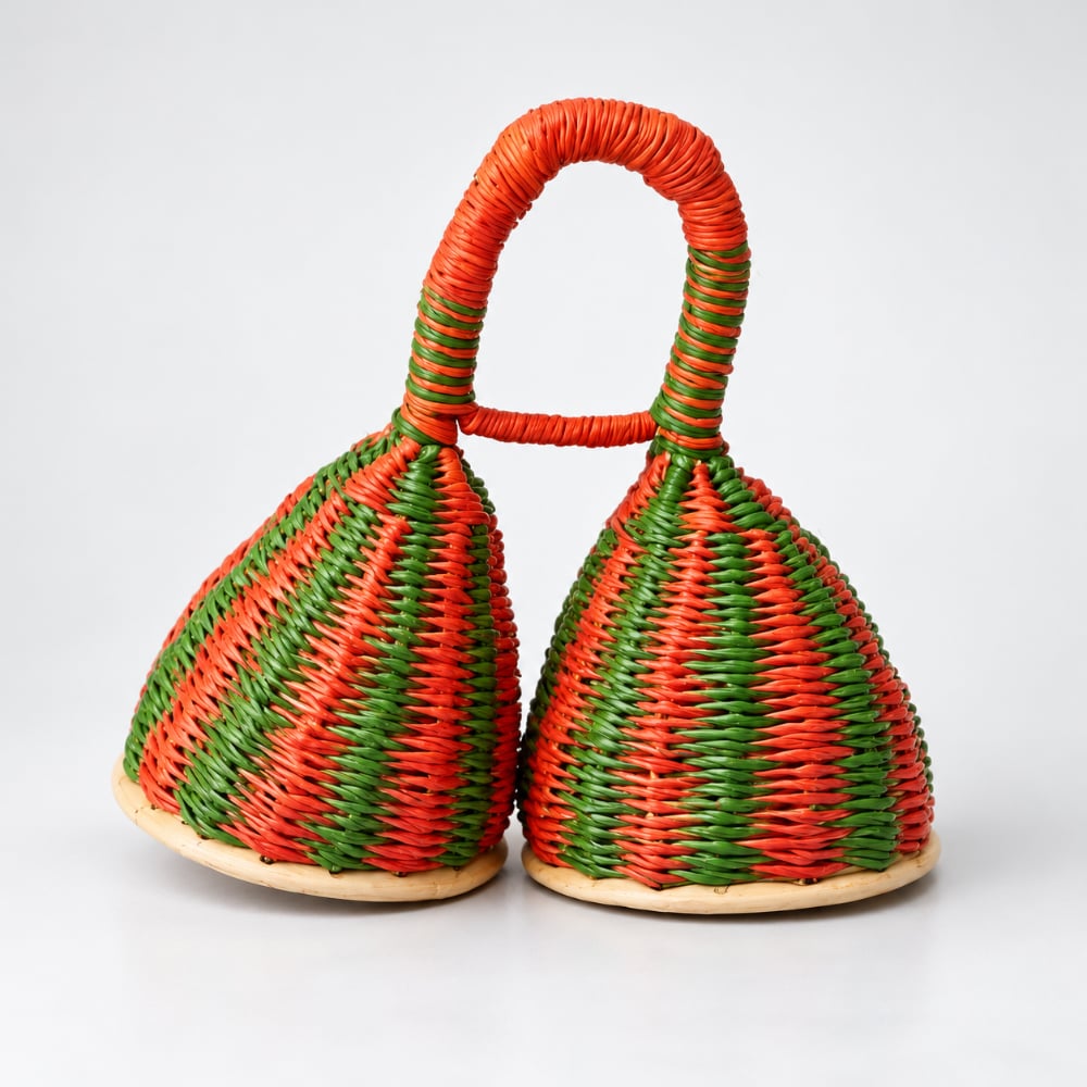 Handwoven orange and green double caxixi basket shaker from Africa on a white studio background