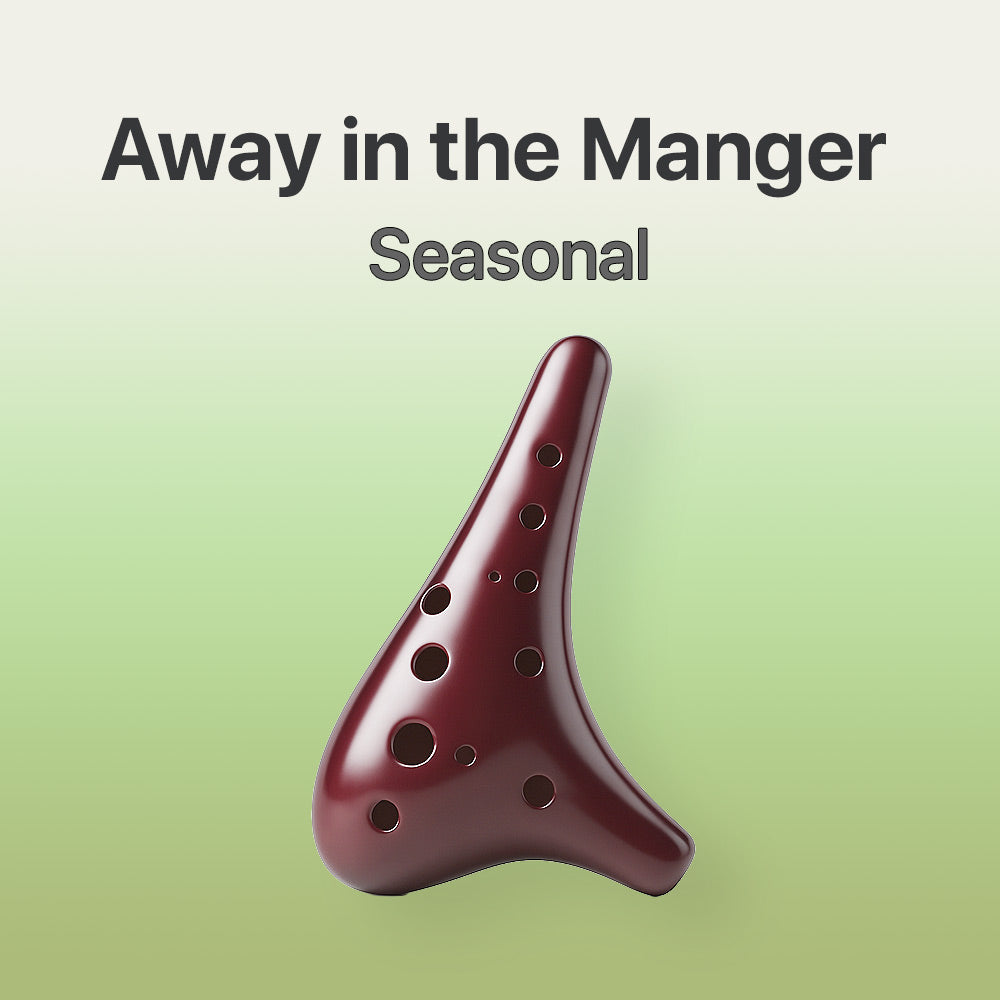 Red ocarina on a gradient green background with text 'Away in the Manger Seasonal'.