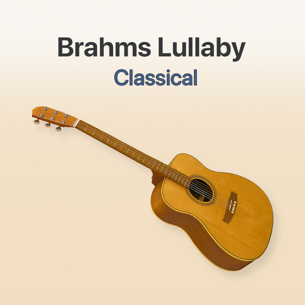 Acoustic guitar on a beige background with 'Brahms Lullaby Classical' text.