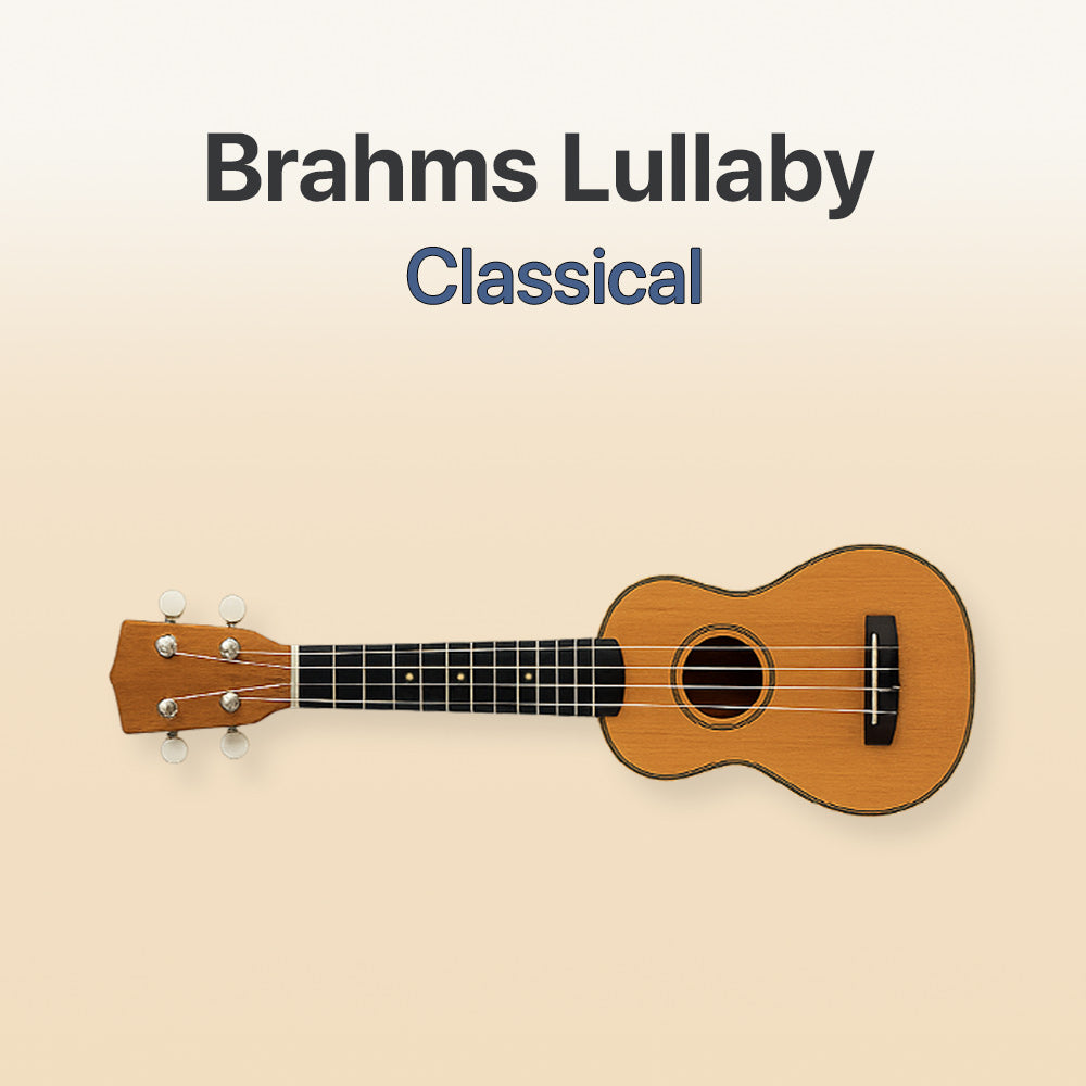 Ukulele with 'Brahms Lullaby Classical' text on a beige background