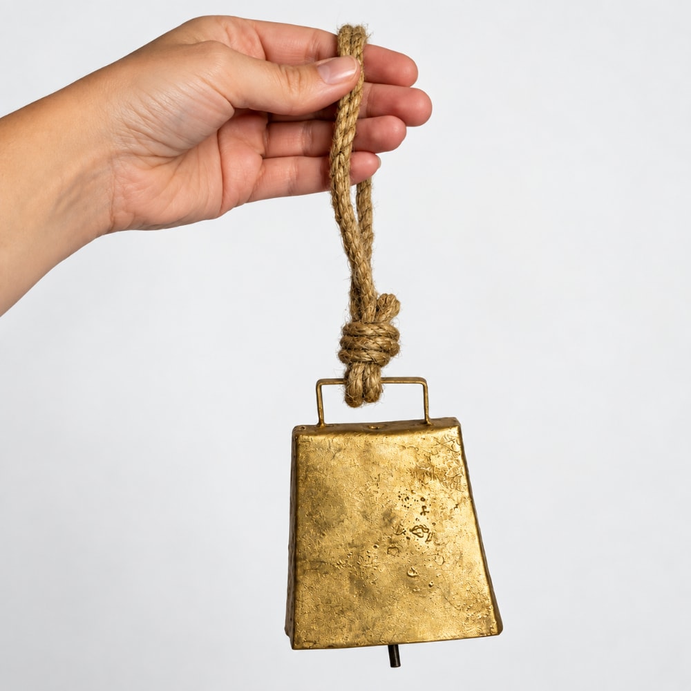 A hand holding a rustic, antique-style brass bell with a natural jute rope hanger against a plain white background.