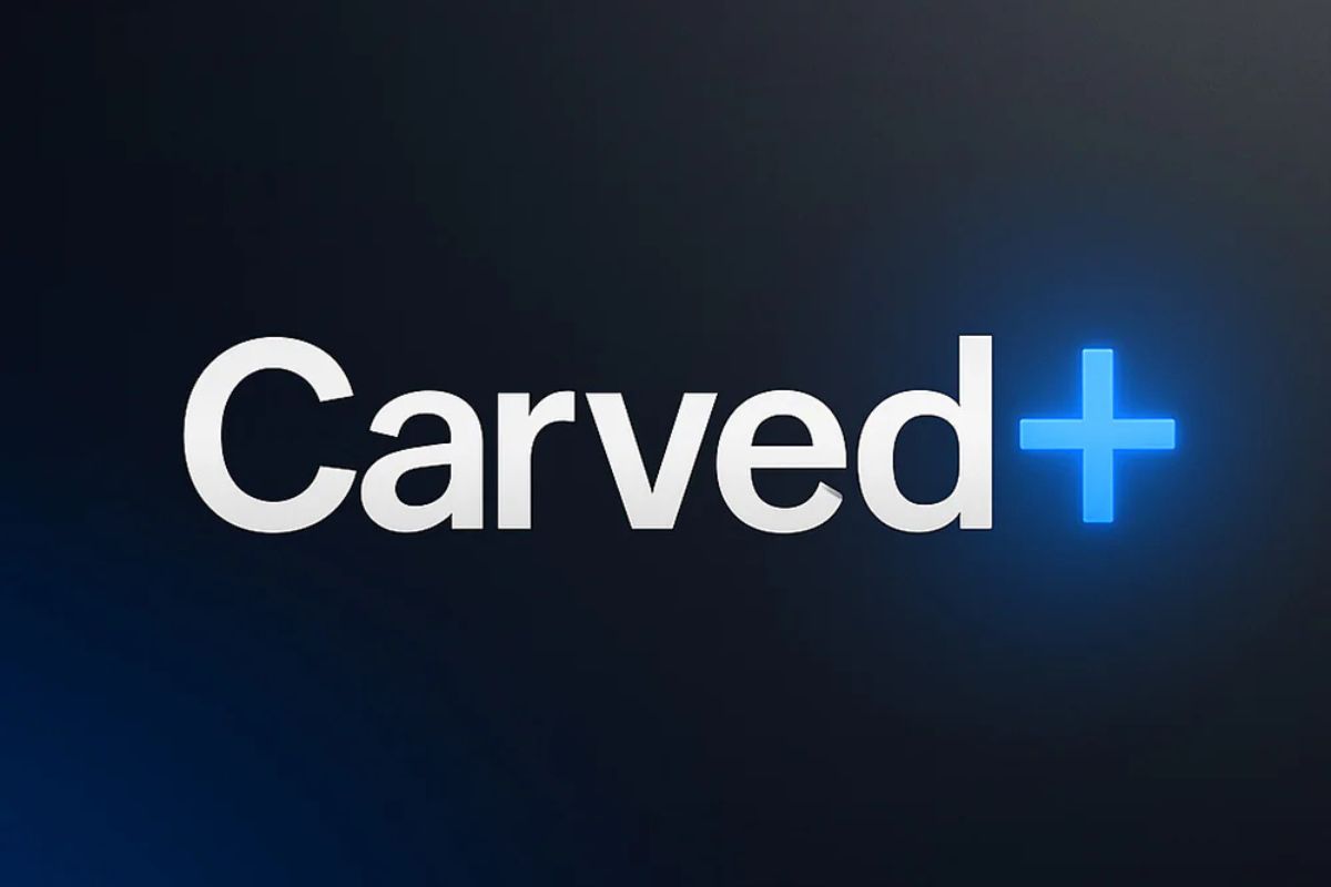 Logo of 'Carved+' with a blue plus sign on a dark background