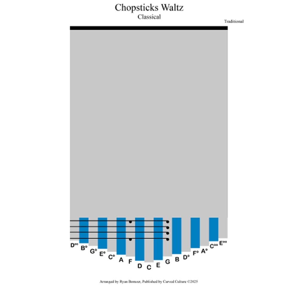 Sheet music cover for 'Chopsticks Waltz' with a gray background and blue notes on a white border.